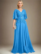 A-line V-Neck Floor-Length Chiffon Lace Mother of the Bride Dress With Crystal Brooch Rhinestone by Dreamylily