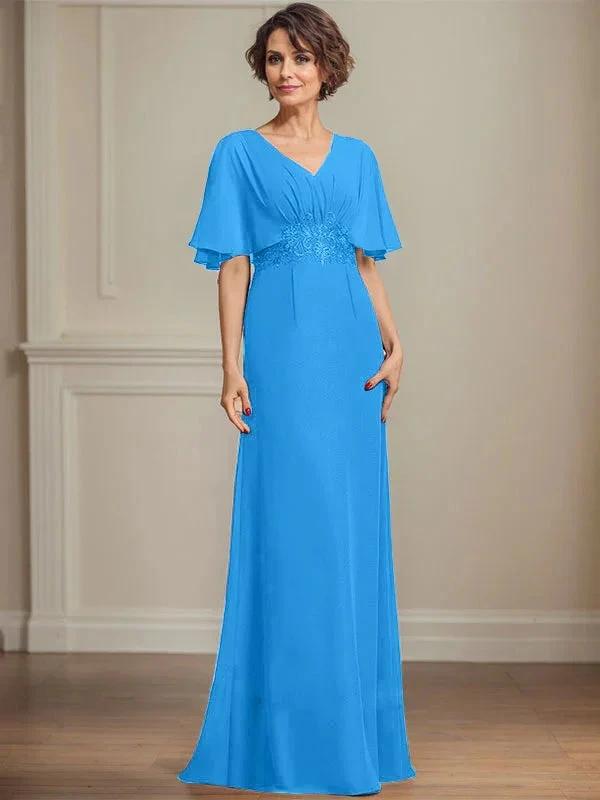 A-line V-Neck Floor-Length Chiffon Mother of the Bride Dress With Pleated Sequins Appliques Lace by Dreamylily