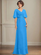 A-line V-Neck Floor-Length Chiffon Mother of the Bride Dress With Pleated Sequins Appliques Lace by Dreamylily