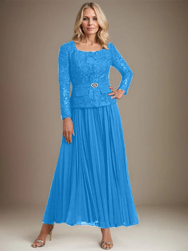 Vestido de gasa para madre de la novia con corte A, cuadrado, largo hasta los tobillos, con pliegues 