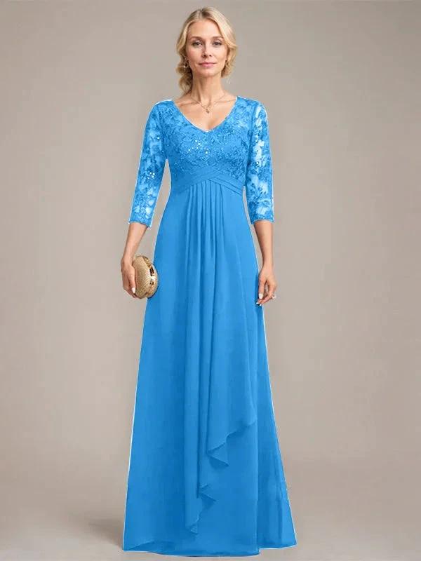 A-line V-Neck Floor-Length Lace Chiffon Mother of the Bride Dress With Cascading Ruffles Sequins by Dreamylily