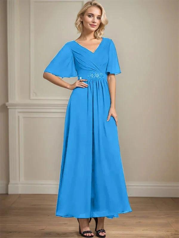 A-line V-Neck Ankle-Length Chiffon Mother of the Bride Dress With Pleated Beading Sequins by Dreamylily