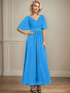 A-line V-Neck Ankle-Length Chiffon Mother of the Bride Dress With Pleated Beading Sequins by Dreamylily