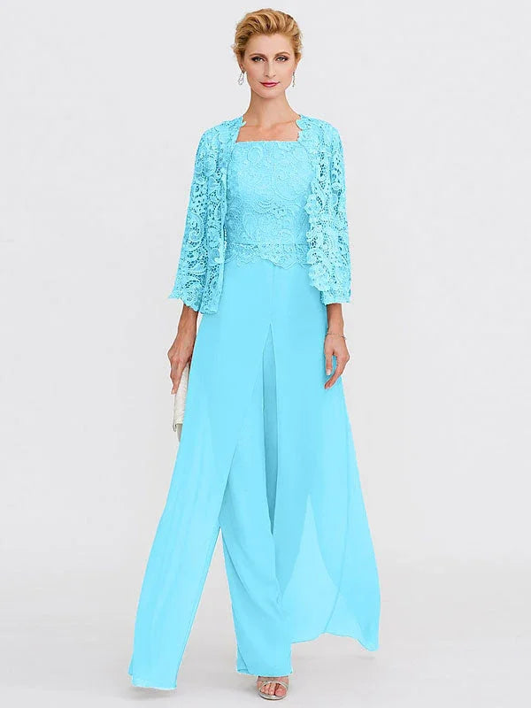 Trajes de pantalón de tres piezas de gasa con escote cuadrado para madre de la novia con chaqueta 