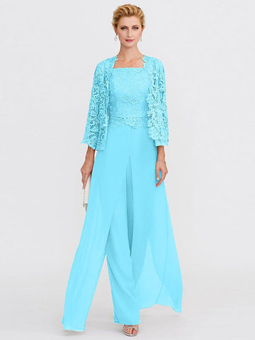 3 Piece Chiffon Square Neck Mother of the Bride Pantsuits with Jacket