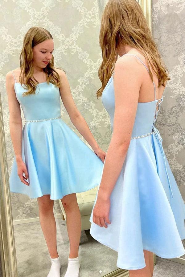 Blue Satin Beads Short Prom Dress Blue Homecoming Dress PD450 by pgmdress