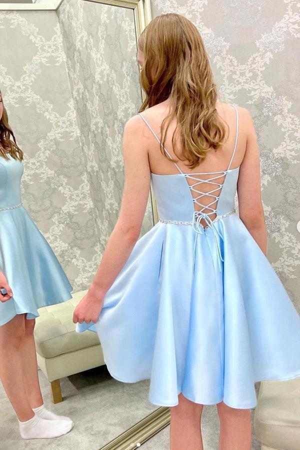 Blue Satin Beads Short Prom Dress Blue Homecoming Dress PD450 by pgmdress