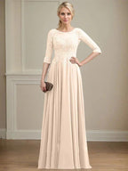 A-line Scoop Illusion Floor-Length Lace Chiffon Mother of the Bride Dress With Sequins by Dreamylily