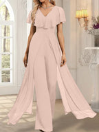 Jumpsuit/Pantsuit V-Neck Floor-Length Chiffon Evening Dress