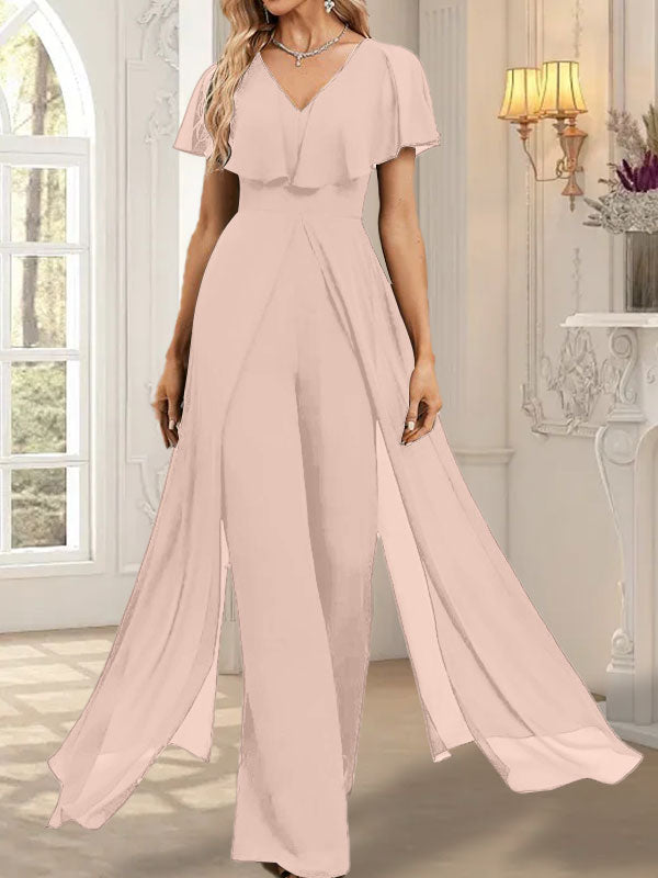 Jumpsuit/Pantsuit V-Neck Floor-Length Chiffon Evening Dress