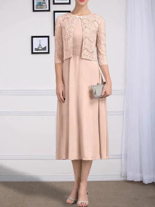 A-line Scoop Tea-Length Chiffon Mother of the Bride Dress With Pleated by Dreamylily