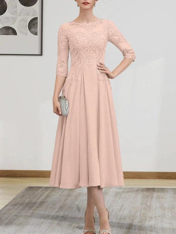 A-line Scoop Illusion Tea-Length Chiffon Lace Mother of the Bride Dress With Beading Sequins by Dreamylily