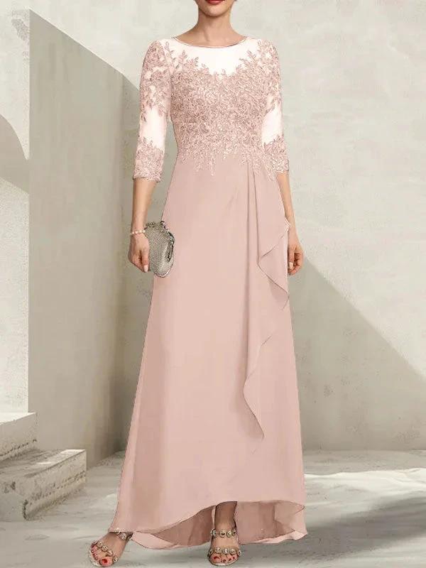 A-line Scoop Illusion Asymmetrical Lace Chiffon Mother of the Bride Dress With Sequins Cascading Ruffles by Dreamylily