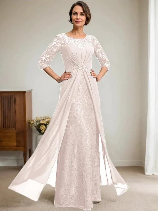 A-Line Scoop Illusion Floor-Length Lace Chiffon Mother Of the Bride Dress With Beading Ruffles by Dreamylily
