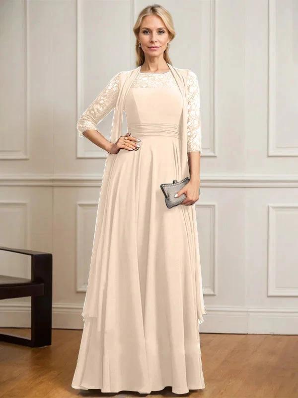 A-line Scoop Illusion Floor-Length Lace Chiffon Mother of the Bride Dress With Pleated by Dreamylily