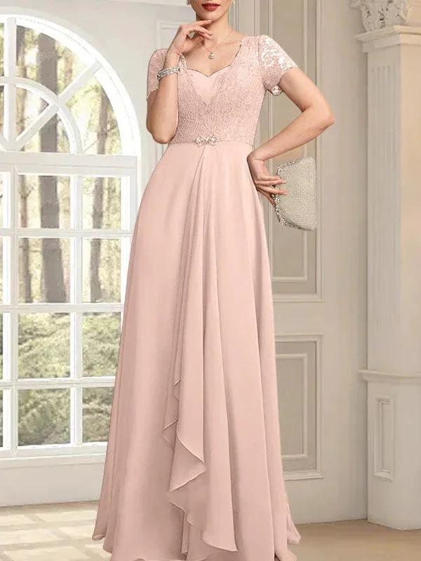 A-line Sweetheart Floor-Length Chiffon Lace Mother of the Bride Dress With Beading Cascading Ruffles by Dreamylily