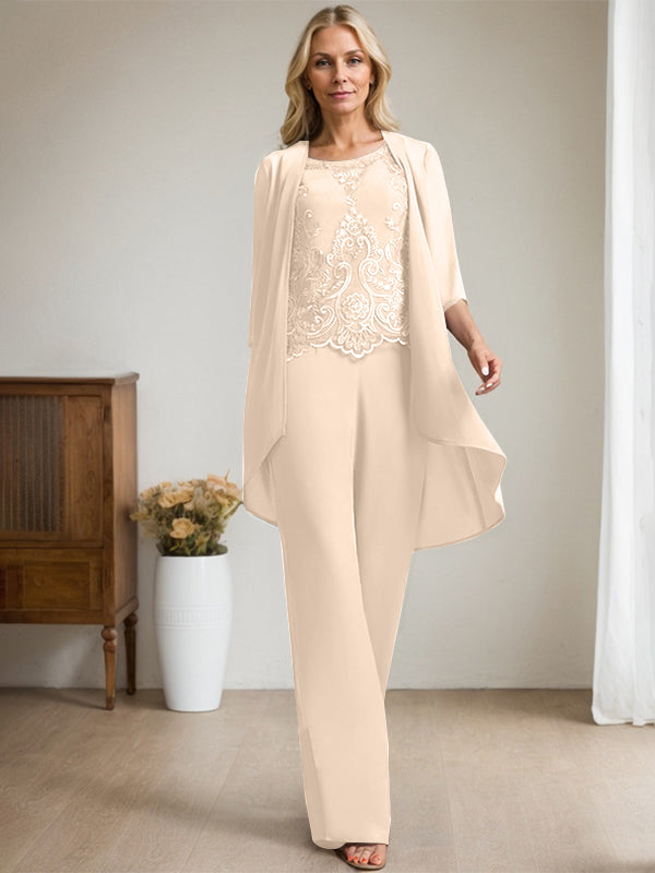 Separates Jumpsuit/Pantsuit Scoop Floor-Length Chiffon Lace Mother of the Bride Dress With Beading Sequins