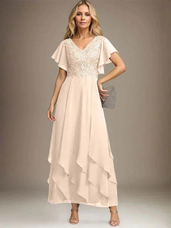 A-line V-Neck Ankle-Length Lace Chiffon Mother of the Bride Dress With Cascading Ruffles by Dreamylily