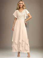A-line V-Neck Ankle-Length Lace Chiffon Mother of the Bride Dress With Cascading Ruffles by Dreamylily
