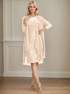 Sheath/Column Scoop Illusion Knee-Length Lace Chiffon Mother of the Bride Dress With Cascading Ruffles Sequins by Dreamylily