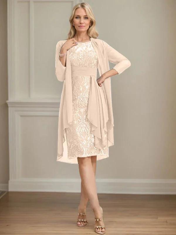 Sheath/Column Scoop Illusion Knee-Length Lace Chiffon Mother of the Bride Dress With Cascading Ruffles Sequins by Dreamylily