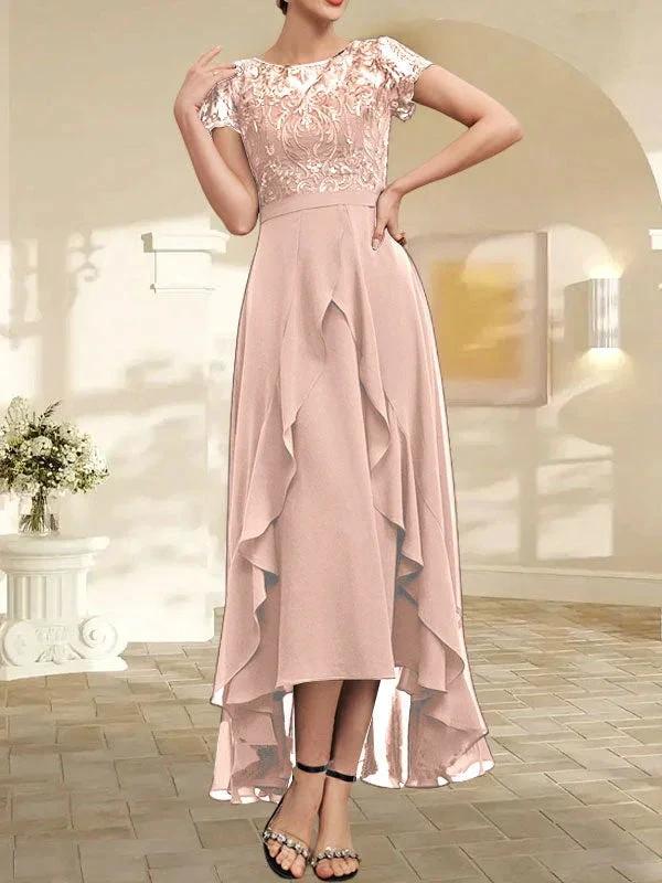 A-line Scoop Illusion Asymmetrical Chiffon Lace Mother of the Bride Dress With Bow Ruffle Sequins by Dreamylily