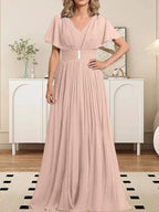 A-line V-Neck Floor-Length Chiffon Mother of the Bride Dress With Crystal Brooch Pleated by Dreamylily