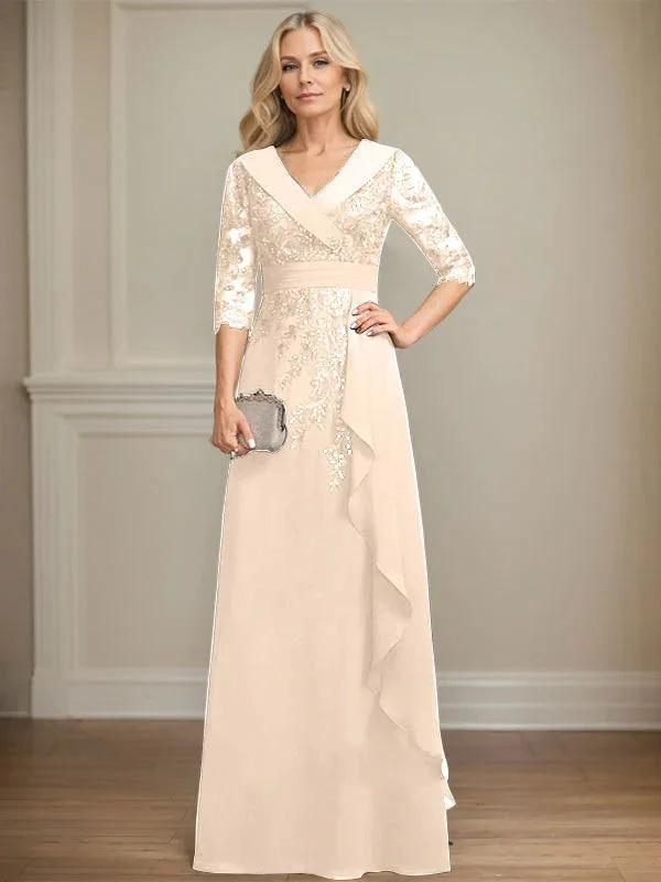 A-line Collared V-Neck Floor-Length Lace Chiffon Mother of the Bride Dress With Sequins Cascading Ruffles by Dreamylily