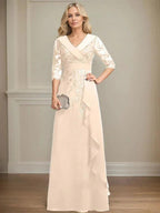 A-line Collared V-Neck Floor-Length Lace Chiffon Mother of the Bride Dress With Sequins Cascading Ruffles by Dreamylily