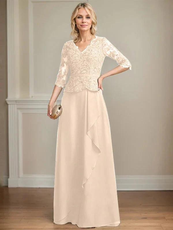 A-line V-Neck Floor-Length Lace Chiffon Mother of the Bride Dress With Cascading Ruffles Sequins by Dreamylily