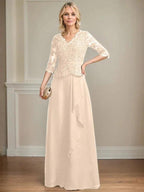 A-line V-Neck Floor-Length Lace Chiffon Mother of the Bride Dress With Cascading Ruffles Sequins by Dreamylily