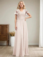A-line V-Neck Floor-Length Lace Chiffon Mother of the Bride Dress With Sequins by Dreamylily