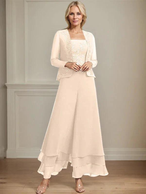 Separates Jumpsuit/Pantsuit Square Ankle-Length Lace Chiffon Mother of the Bride Dress With Sequins by Dreamylily