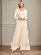 Separates Jumpsuit/Pantsuit Square Ankle-Length Lace Chiffon Mother of the Bride Dress With Sequins