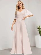 A-line V-Neck Floor-Length Lace Chiffon Mother of the Bride Dress With Sequins by Dreamylily