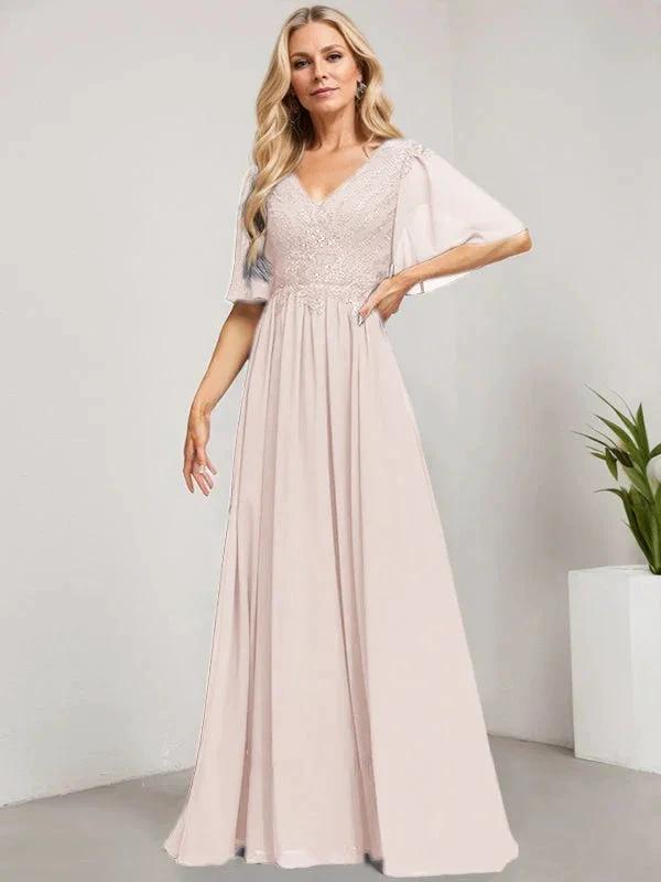 A-line V-Neck Floor-Length Lace Chiffon Mother of the Bride Dress With Sequins by Dreamylily