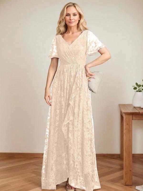 A-Line V-Neck Asymmetrical Lace Mother of the Bride Dress With Cascading Ruffles by Dreamylily