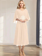 A-line V-Neck Tea-Length Chiffon Mother of the Bride Dress With Pleated Sequins Appliques Lace Beadind by Dreamylily