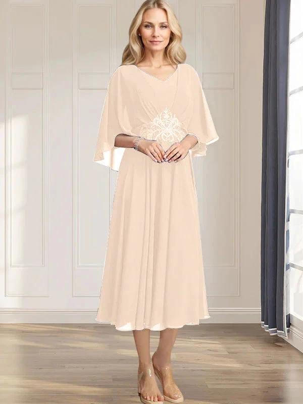 A-line V-Neck Tea-Length Chiffon Mother of the Bride Dress With Pleated Sequins Appliques Lace Beadind by Dreamylily