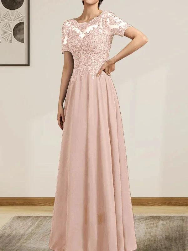 A-line Scoop Illusion Floor-Length Chiffon Lace Mother of the Bride Dress With Sequins Beading by Dreamylily