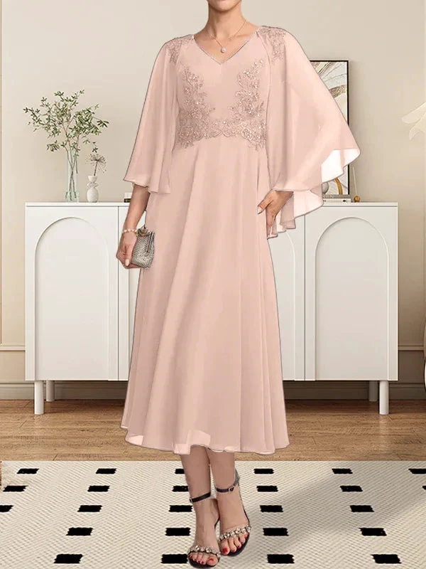 A-line V-Neck Tea-Length Chiffon Lace Mother of the Bride Dress With Beading Sequins by Dreamylily