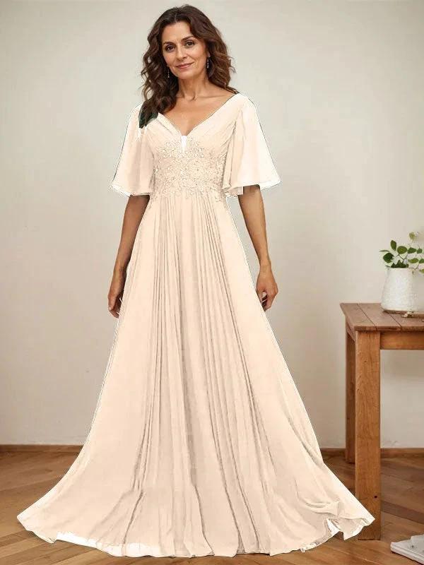 A-line V-Neck Floor-Length Chiffon Mother of the Bride Dress With Sequins Appliques Lace Pleated by Dreamylily