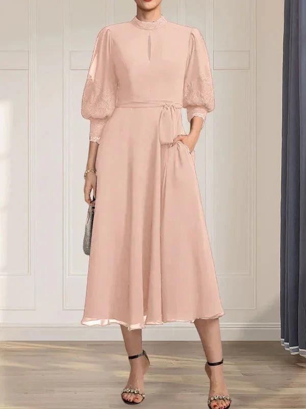 A-line High Neck Tea-Length Lace Chiffon Mother of the Bride Dress With Bow by Dreamylily