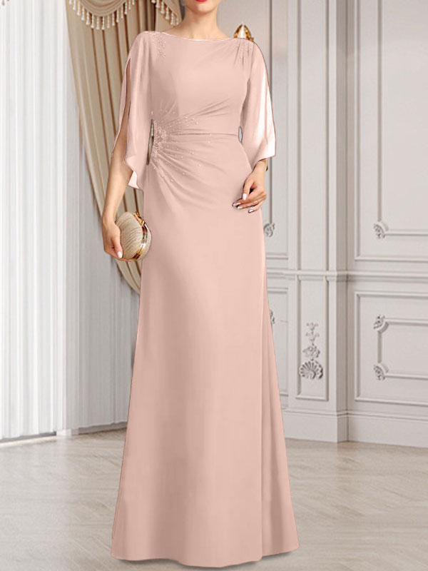 Etui-Linie/Säule U-Ausschnitt Bodenlang Chiffon Kleid für die Brautmutter mit Plissee Perlenbesatz