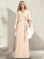 A-line V-Neck Floor-Length Chiffon Mother of the Bride Dress With Cascading Ruffles Beading by Dreamylily