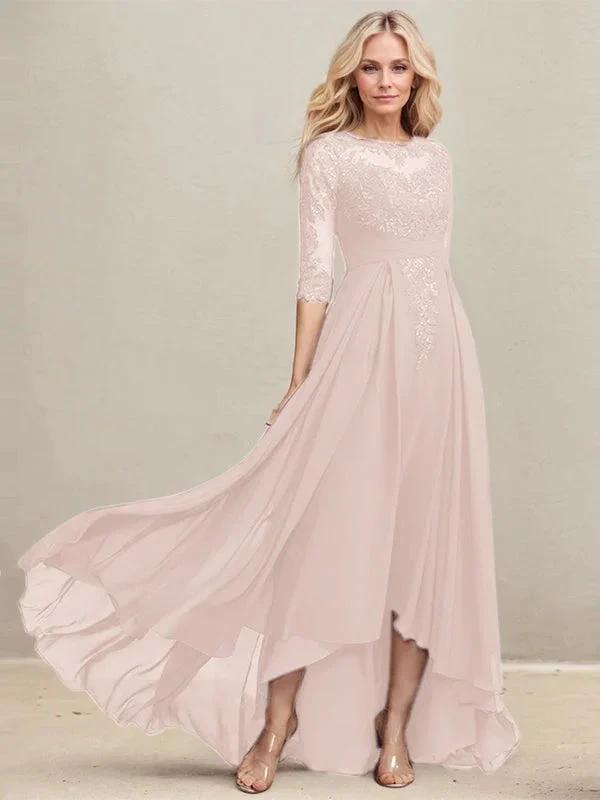 A-line Scoop Illusion Asymmetrical Lace Chiffon Mother of the Bride Dress With Pleated Sequins by Dreamylily