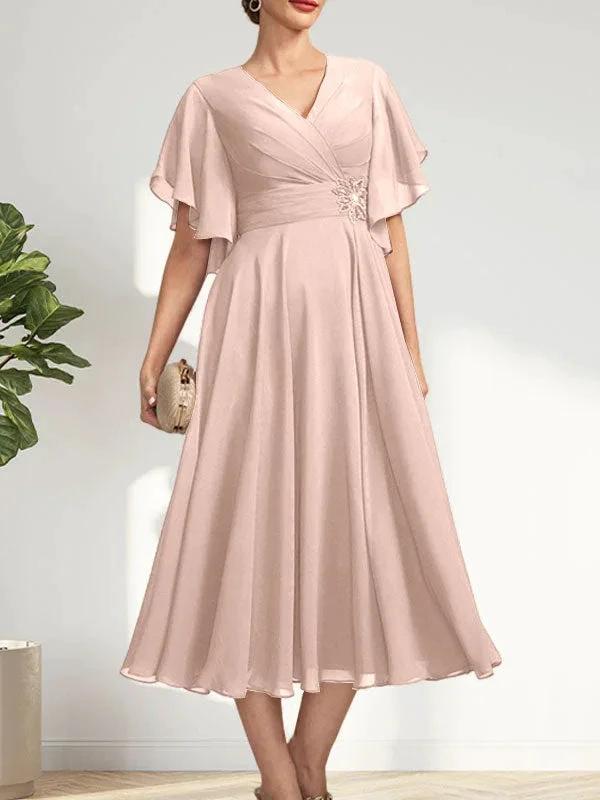 A-line V-Neck Tea-Length Chiffon Mother of the Bride Dress With Pleated Beading by Dreamylily