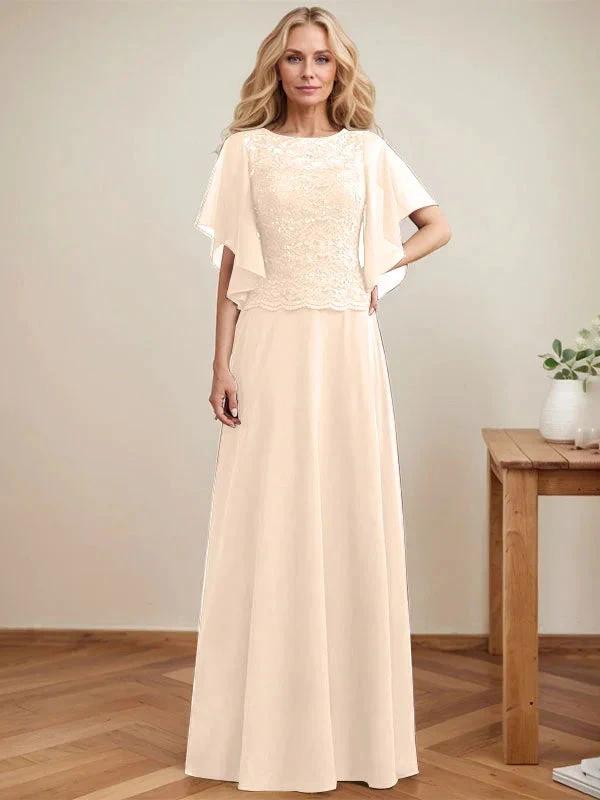 A-line Scoop Illusion Floor-Length Lace Chiffon Mother of the Bride Dress With Sequins by Dreamylily