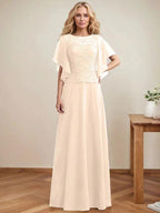 A-line Scoop Illusion Floor-Length Lace Chiffon Mother of the Bride Dress With Sequins by Dreamylily