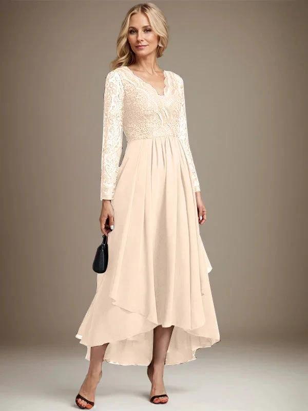 A-line V-Neck Asymmetrical Lace Chiffon Mother of the Bride Dress by Dreamylily
